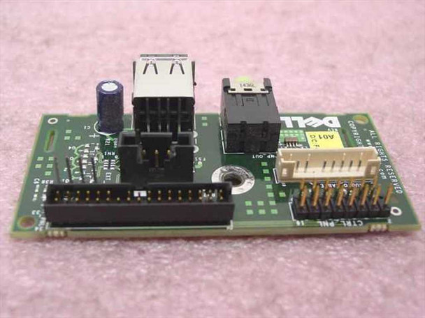 Dell 0M686 CTRL-PNL board — rear-facing view showing ribbon connector, USB port, and audio jack
