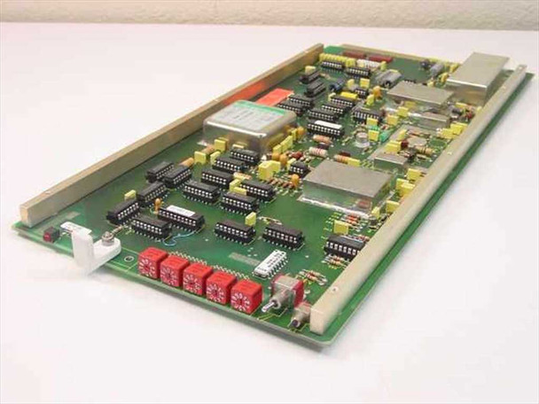 Fairchild 98-CDD0190-X Synthesizer PCB card – angled top view showing DIP switches, yellow transformers, and RF shielded modules