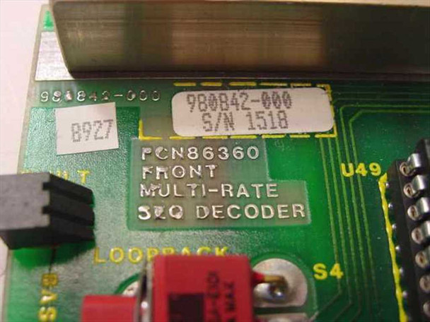 Fairchild 980842-000 PCN86360 Front Multi-Rate SEQ Decoder label and S/N 1518 sticker closeup with LOOPBACK switch area