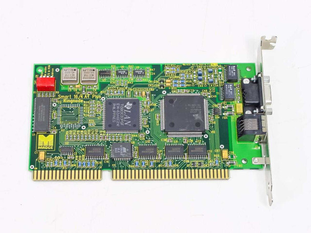 Madge Smart 16/4 AT Plus Ringnode ISA card — angled component side view showing Madge logo, LAN controller chips, and bracket ports