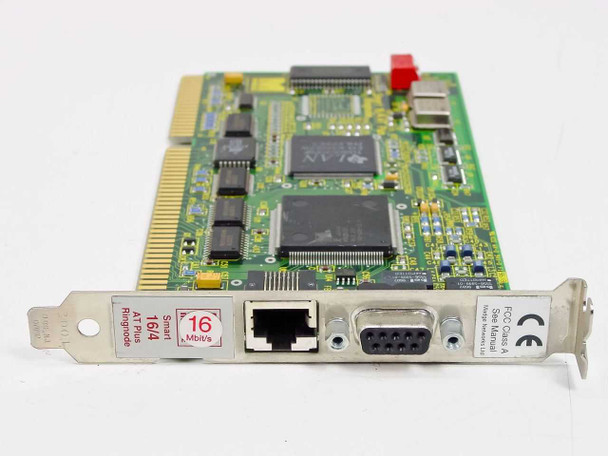 Madge 152-047-07S Smart 16/4 AT Plus Ringnode ISA card — front angle showing bracket with RJ-45 and DB-9 ports and CE marking