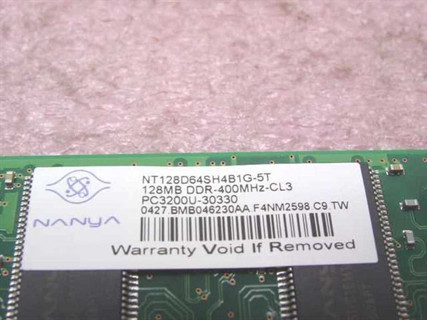 Nanya NT128D64SH4B1G-5T label close-up showing 128MB DDR-400MHz CL3 PC3200-30330 specifications and barcode