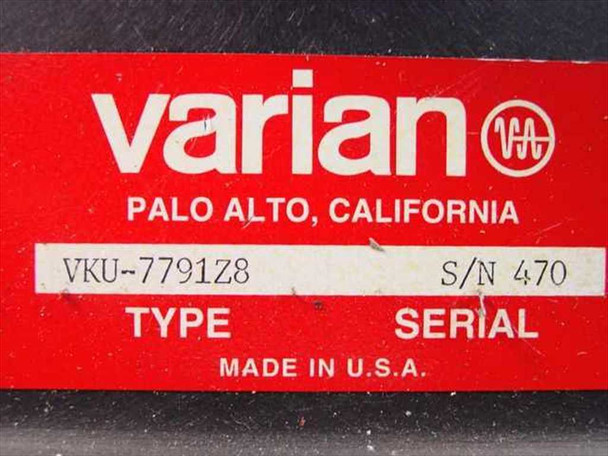 Varian VKU-7791Z8 klystron – close-up of identification label showing model VKU-7791Z8, serial number 470, Varian Palo Alto California, Made in USA