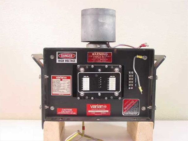 Varian VKU-7791Z8 Ku-Band klystron RF tube – front panel view showing Varian branding, high-voltage warning labels, and connector block