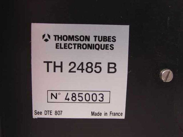 Thomson TH2485B klystron tube – close-up of model identification label reading 'Thomson Tubes Electroniques TH 2485 B, N° 485003, See DTE 807, Made in France'