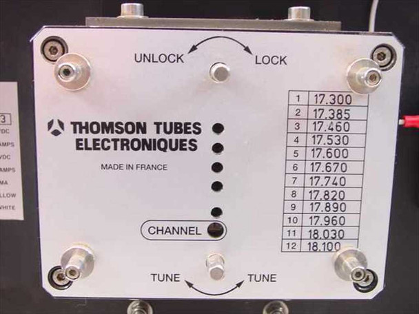 Thomson TH2485B klystron tube – close-up of control panel showing 12 channel frequency chart (17.300–18.100 GHz), UNLOCK/LOCK switch, TUNE controls, and Thomson Tubes Electroniques branding