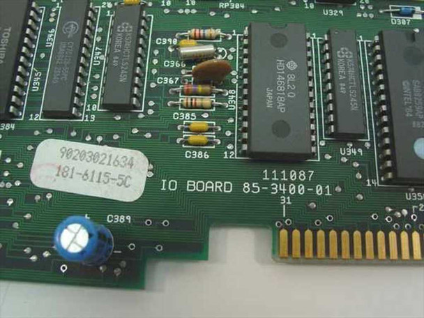 Zenith IO Board 85-3400-01 – close-up of board label confirming part numbers 111087 and 85-3400-01, with Toshiba ICs and HD46818AP RTC chip visible