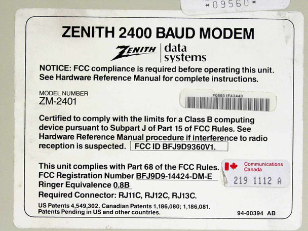 Zenith ZM-2401 bottom label showing model number, FCC ID BFJ9D9360V1, FCC Part 68 registration, RJ11C/RJ12C/RJ13C connector requirements, and Communications Canada mark