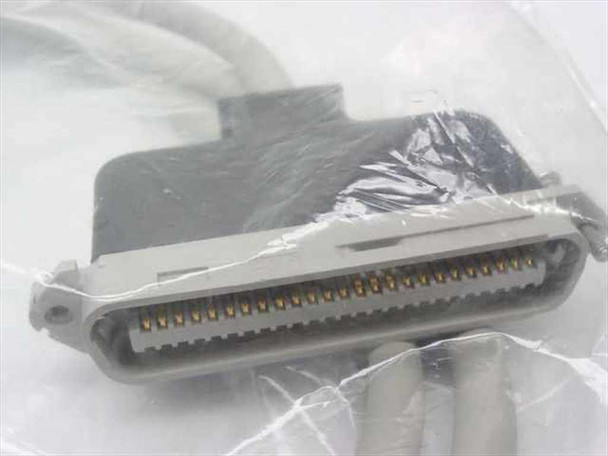 Close-up of 50-pin Centronics male connector end showing gold-contact pins and gray connector housing