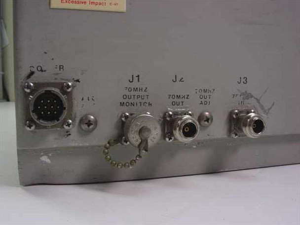 Avantek ASAT-1214-002 – rear panel showing circular multi-pin power/control connector and three SMA-type RF ports labeled J1 70MHz Output Monitor, J2 70MHz Out, J3 70MHz Out Adj