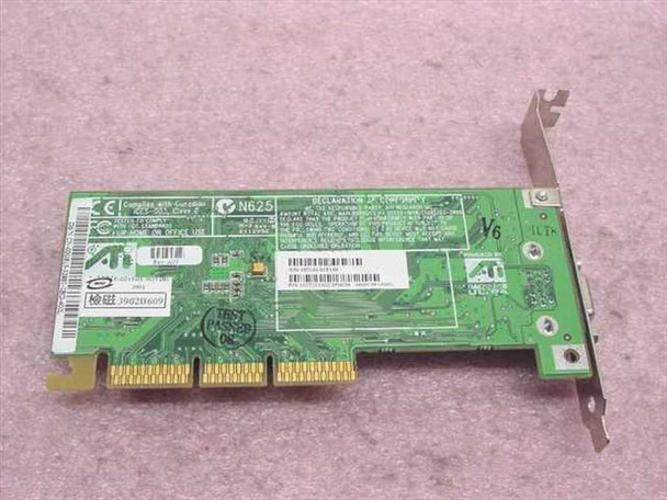 ATI Rage 128 Ultra AGP video card rear PCB view with regulatory labels and ATI branding