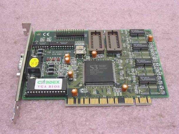 Cardex S3 Trio64 PCI VGA card M0K2AA — PCB top view showing S3 Trio64 GPU, VGA BIOS label, CE mark, and PCI edge connector