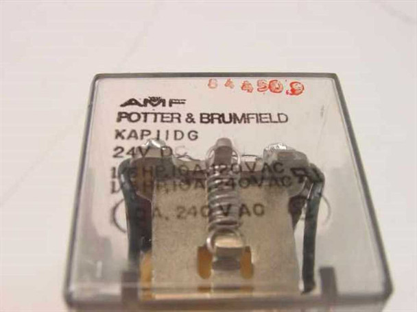 AMF Potter & Brumfield KAP11DG relay label closeup showing model, 24V DC coil, 10A 120/240VAC ratings and part number 844509