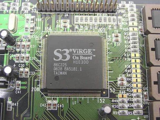 S3 ViRGE 86C325 GPU close-up – chip markings read S3 ViRGE On Board, H1E3DD, 86C325, 9628 BA5181.1, Taiwan