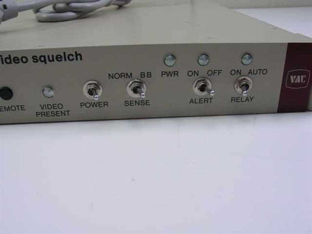 VAC 013886 Video Squelch Unit — front panel right section showing POWER, SENSE, ALERT, and RELAY toggle switches with PWR and status LEDs; VAC logo badge visible