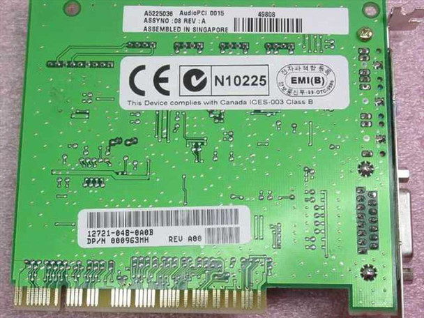 Creative Labs CT5803 label showing assembly number A5225036 AudioPCI 0015, Rev A, assembled in Singapore, Dell DP/N 0009663MH
