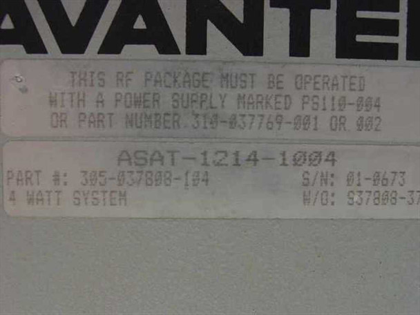 Avantek ASAT-1214-1004 label closeup — model ASAT-1214-1004, part number 305-037808-104, 4 Watt System, serial number 01-0673, note requiring PS110-004 or P/N 310-037769-001/002