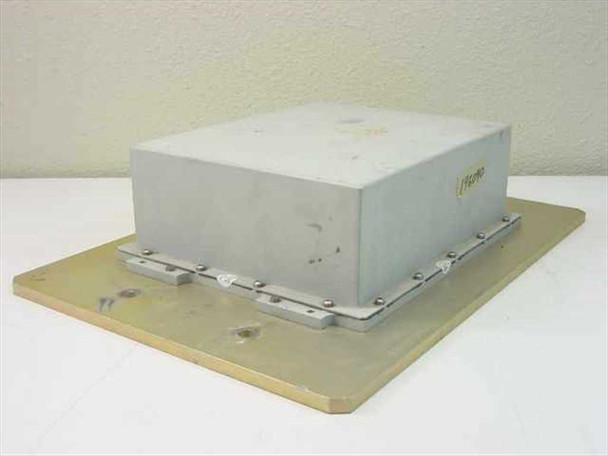 Avantek PS-110-004 outdoor power supply rear-right view showing sealed gray metal enclosure and gold-anodized aluminum baseplate with mounting hardware