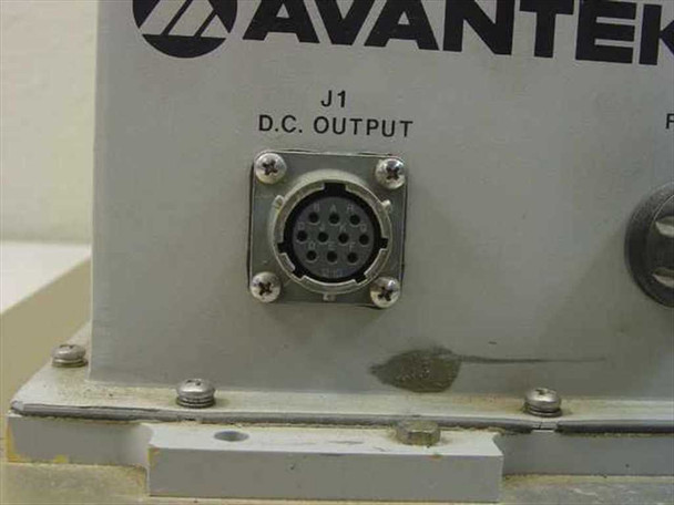 Avantek PS-110-004 DC output connector closeup — labeled J1 D.C. OUTPUT, multi-pin circular mil-spec connector on front panel