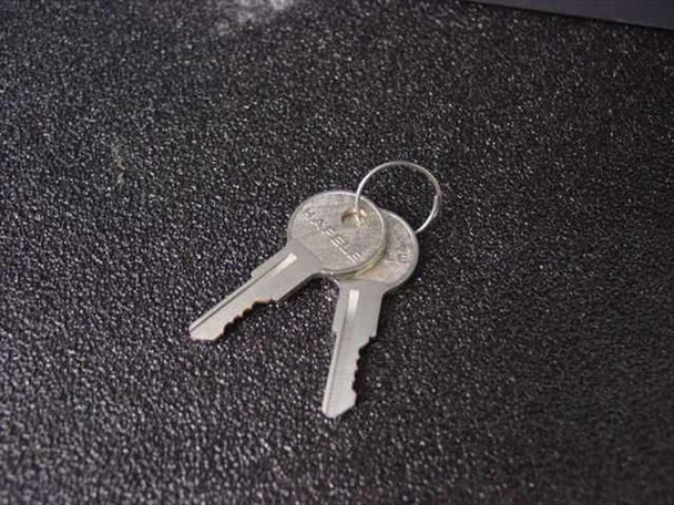 Two cabinet keys on a key ring included with the Egan Visual S2PM mobile presentation cabinet