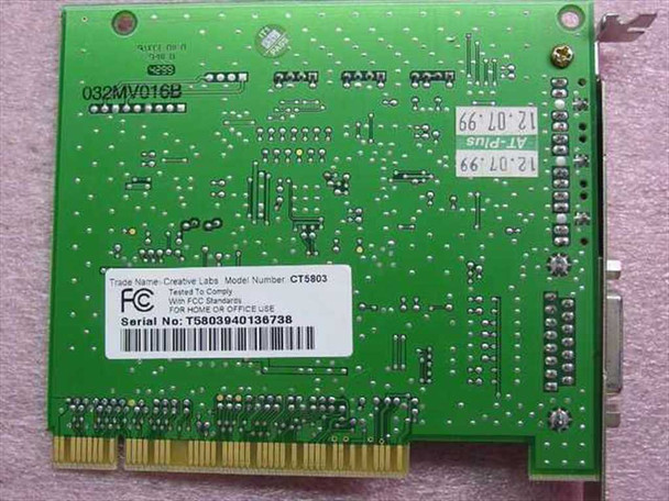 Creative Labs CT5803 PCI sound card back of PCB showing FCC label with model number CT5803 and serial number barcode