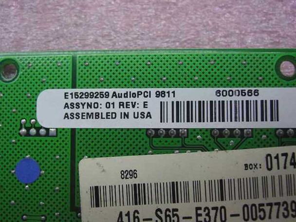Close-up of Creative Labs ES1370 board label — E15299259 AudioPCI 9811, ASSYNO: 01 REV: E, Assembled in USA, barcode detail