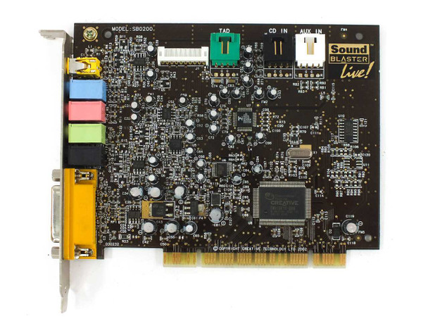 Creative Labs SB0200 Sound Blaster Live PCI sound card — top-down view showing model label, TAD/CD-IN/AUX IN headers, Sound Blaster Live badge, and main controller chip