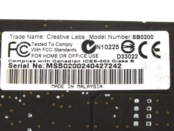 Creative Labs SB0200 label closeup — Trade Name: Creative Labs, Model Number: SB0200, FCC ID N10225, Made in Malaysia, serial number barcode