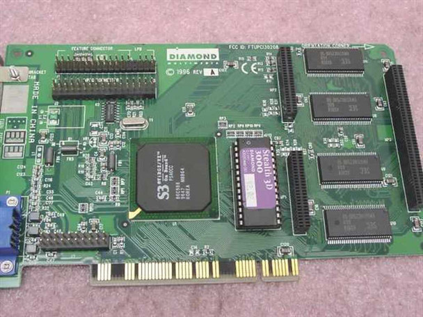 Diamond Stealth 3D 3000 PCB top view showing S3 ViRGE 86C988 main chip, Stealth 3D label, memory chips, feature connector, and Diamond Multimedia branding — Rev A 1996