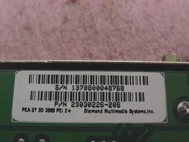 Close-up of Diamond Stealth 3D 3000 label showing serial number, part number 23090226-206, and 'PCA ST 3D 3000 PCI 2+' — Diamond Multimedia Systems Inc.