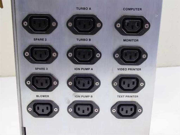 IVS IVS200 AC Control Module – rear panel showing 12 labeled IEC outlets: Turbo A, Turbo B, Computer, Monitor, Spare 2, Spare 3, Ion Pump A, Ion Pump B, Blower, Video Printer, Text Printer
