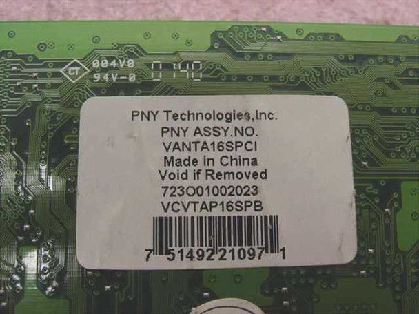 PNY VANTA16S label close-up showing assembly number VANTA16SPCI, part number VCVTAP16SPB, Made in China, and UPC barcode
