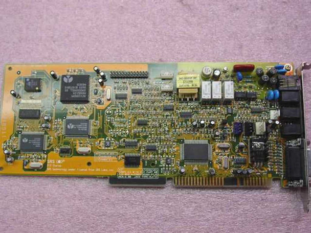 Aztech AT3300 ISA card top-down PCB view showing modem chipset, capacitors, relay, and component detail
