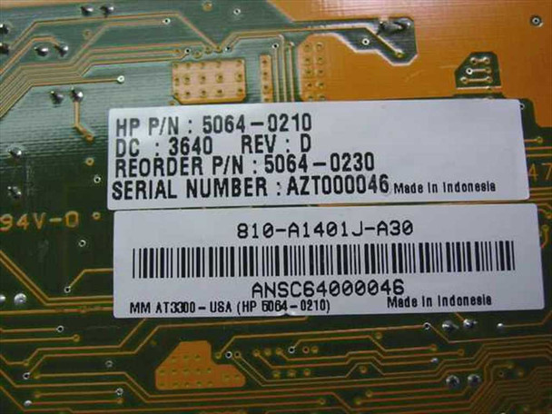 Aztech AT3300 rear label closeup showing HP P/N 5064-0210, Reorder P/N 5064-0230, DC 3640, Rev D, serial number, Made in Indonesia