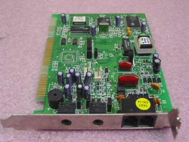 Rockwell MR56PVSP/2 ISA internal fax modem card – front angled view showing two RJ-11 jacks on bracket and RJ-45 connector