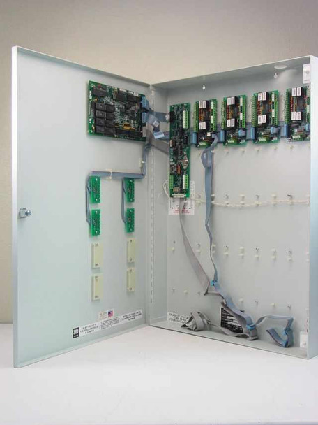 Monitor Dynamics MDI RTU-200 Safenet System – interior view with enclosure open showing processor board, telco boards, ribbon cable interconnects, and terminal blocks