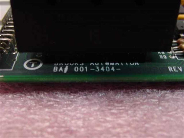 Brooks Automation PCB edge close-up showing 'BA/ 001-3404-' part number and REV marking