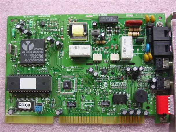 Wisecom WS-3314JS3 ISA modem card – top-down component side view showing Wisecom logo chip, DIP ICs, QC OK label, and PCB markings