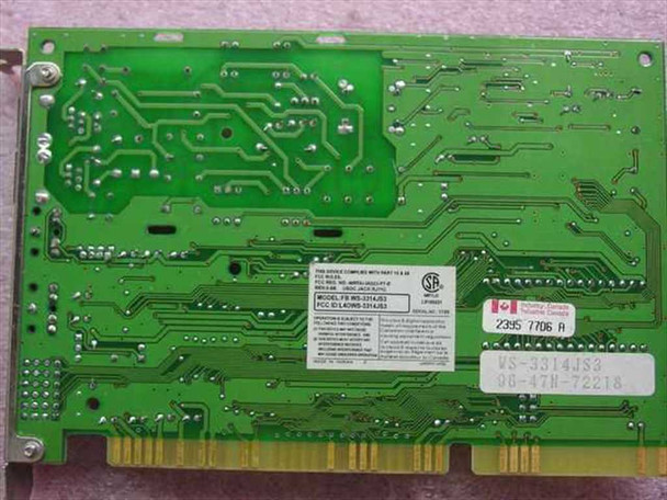 Wisecom WS-3314JS3 ISA modem card – PCB solder side (back) showing FCC compliance label, Industry Canada certification, and part number sticker