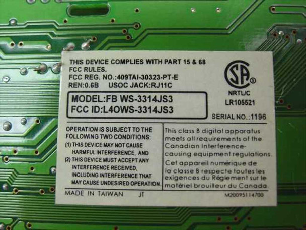Wisecom WS-3314JS3 – close-up of FCC compliance label showing model FB WS-3314JS3, FCC ID L4OWS-3314JS3, REN 0.6B, USOC Jack RJ11C, Made in Taiwan