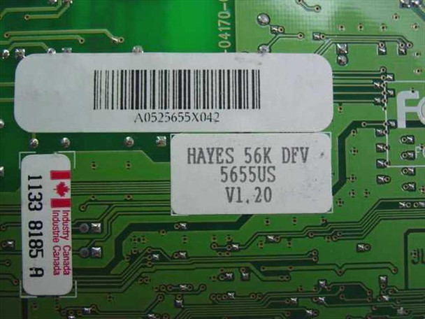 Hayes 5655US 56K DFV V1.20 modem — close-up of label showing model number 5655US, firmware version V1.20, and Industry Canada certification