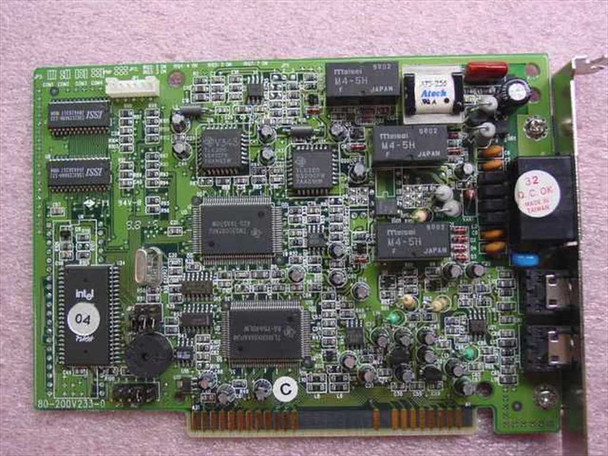 Davicom V1456VQH-X modem card — close-up of component side showing Marvell/Atmel ICs marked M4-5H and ISSI memory chips, PCB revision markings