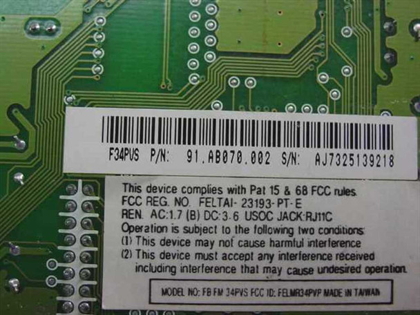 Rockwell F34PVS modem card – close-up of FCC compliance label showing P/N 91.AB070.002, S/N, FCC ID FELTAI-23193-PT-E, and RJ11C jack designation