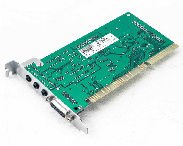 BTC 1853L ISA sound card angled rear/solder-side view showing ISA edge connector and bracket with audio jacks and game port