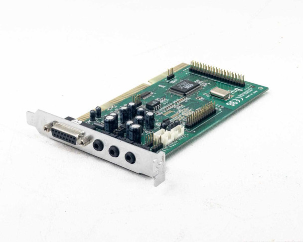 ESS BTC 1853L 16-bit ISA sound card angled top view showing component side with ES1868F AudioDrive chip and bracket with game port and audio jacks
