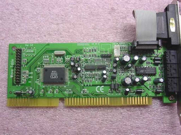 OPTi 82C931 ISA sound card top view showing Ver 1.0 PCB marking, OPTi main controller IC, wave table label, and crystal oscillator