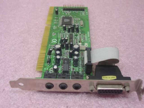 OPTi 82C931 ISA sound card front view showing bracket with three 3.5mm audio jacks and 15-pin game port with ribbon cable attached