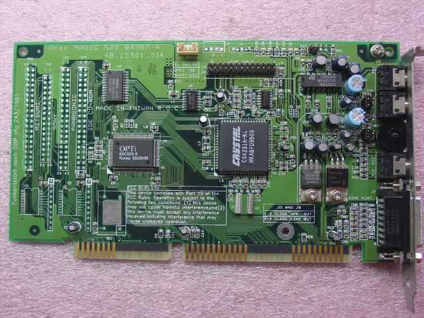 Acer Magic S20 94362-4 PCB top view showing OPTi controller chip, Crystal CS4231 audio codec, and FCC/compliance label