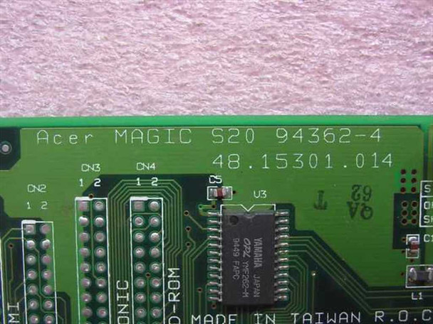 Close-up of Acer Magic S20 PCB silkscreen label showing model 94362-4, part number 48.15301.014, and Yamaha chip marking