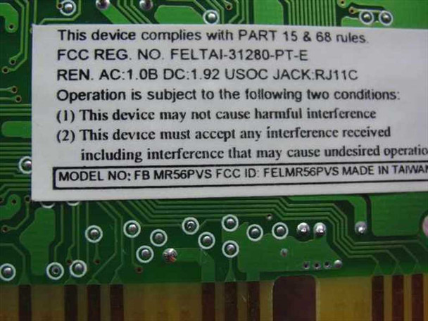 Rockwell MR56PVS ISA modem card FCC compliance label closeup – FCC REG NO FELTAI-31280-PT-E, RJ11C, model FB MR56PVS